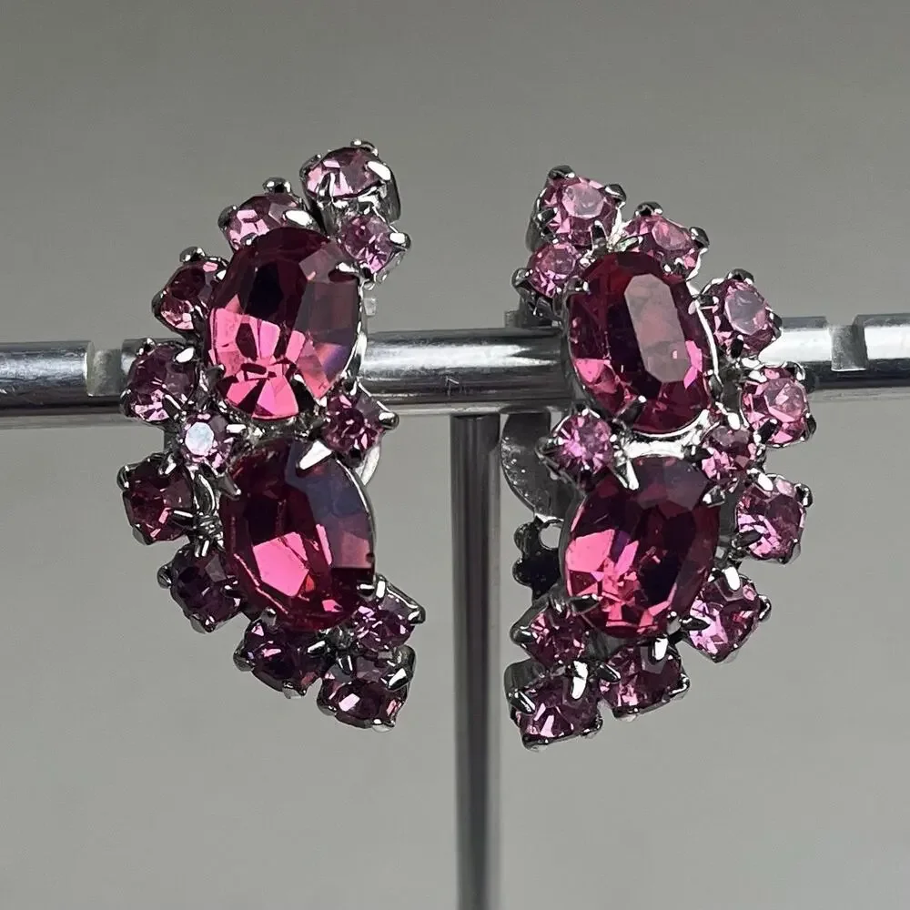 Pink Rhinestone Glass Art Clip On Earrings Silver Tone Crescent Vintage 50s 60s